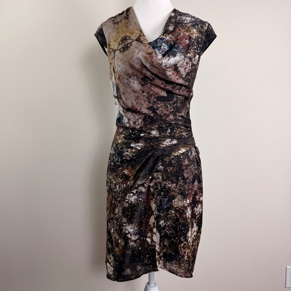 Helmut Lang Abstract Earth Tone Ruched Cowl Neck Sleeveless Sheath Dress Size 2 - Picture 1 of 13
